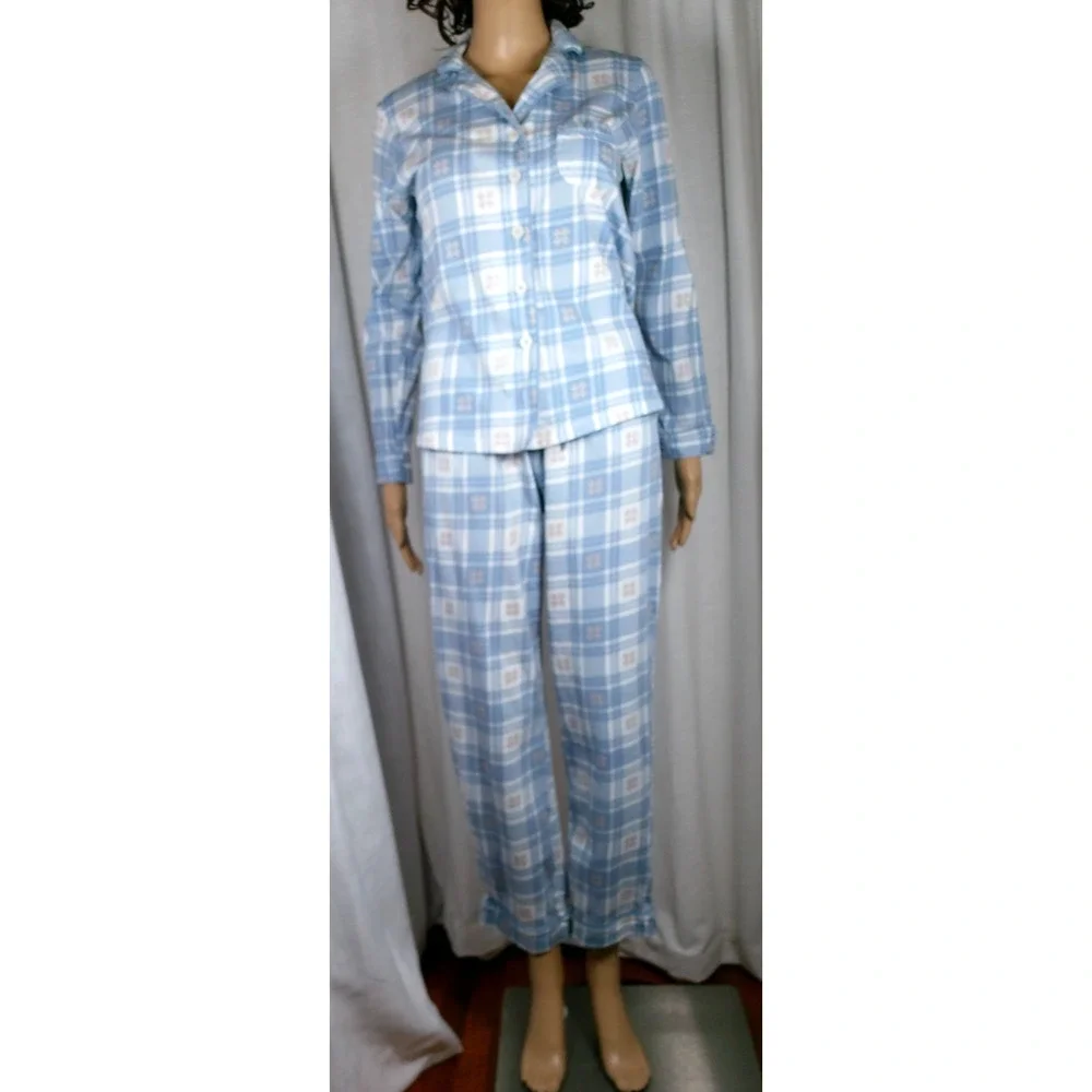 Poppy Clay Organic Cotton Pajama Set Blue Plaid Button Front Lounge Cottagecore